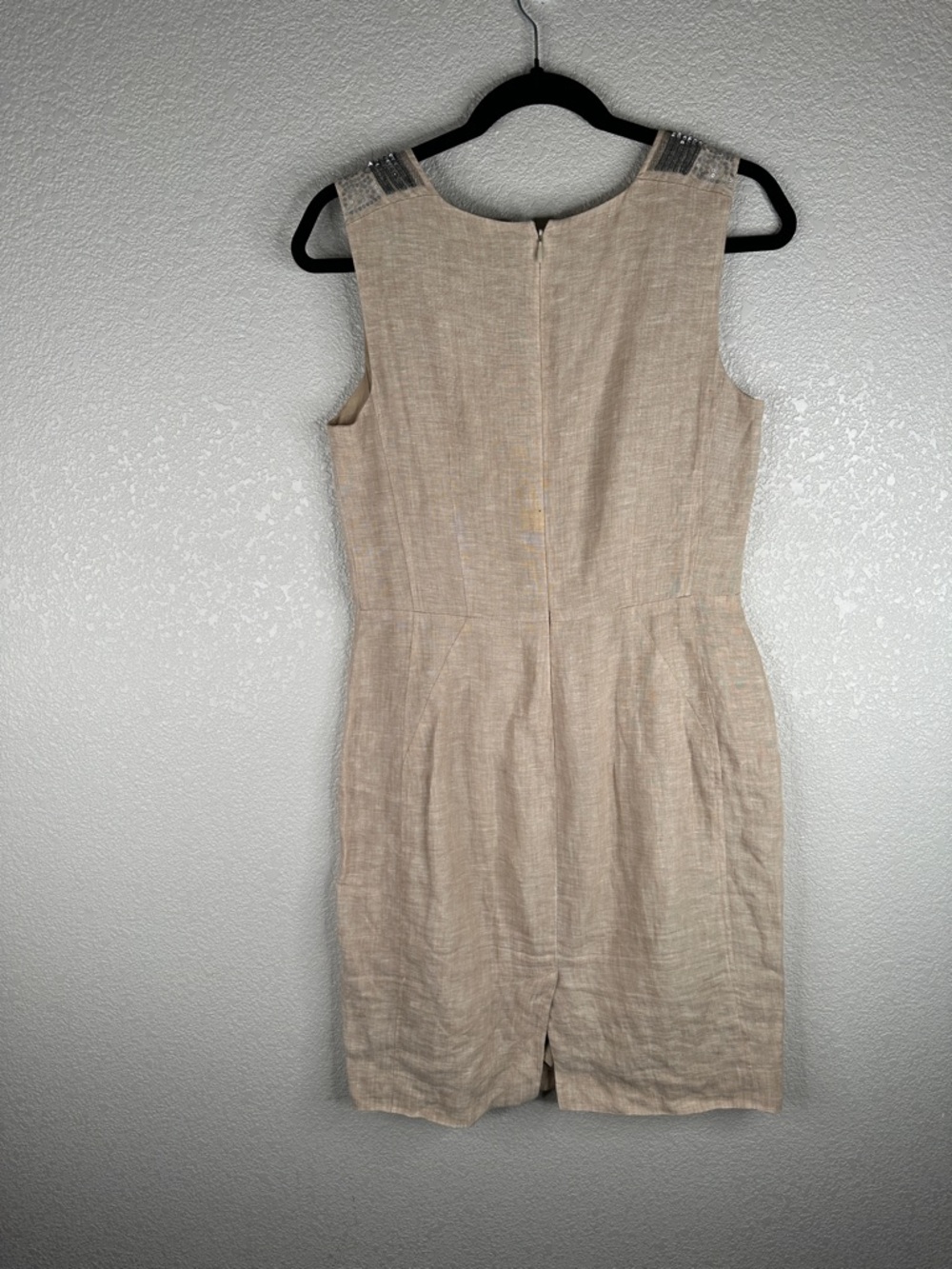 LOFT 100% Linen Cream Silver Sequin Gray Beaded Summer Classic Sheath Dress Sz 6 - Picture 3 of 6